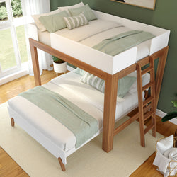 Modern wooden bunk bed with green and white bedding, featuring an upper loft design and side ladder in a stylish bedroom setting.