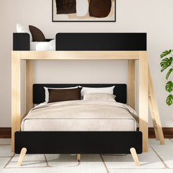 Modern natural wood bunk bed with black panels, ladder, and neutral beige bedding in a minimalist bedroom with potted plant and wall art