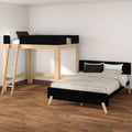 Modern minimalist kids bedroom with black loft bed and matching single bed in natural wood, wooden ladder, beige bedding and hardwood floor