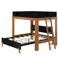 Mid-century modern wooden loft bunk bed with black guardrails and ladder, space-saving two-level bed frame