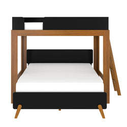 Mid-century modern wooden bunk bed with black accents and ladder, space-saving two-tier design with white mattresses