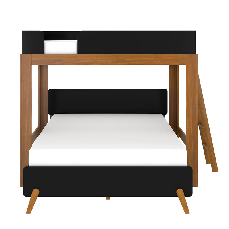 Mid-century modern wooden bunk bed with black accents and ladder, space-saving two-tier design with white mattresses