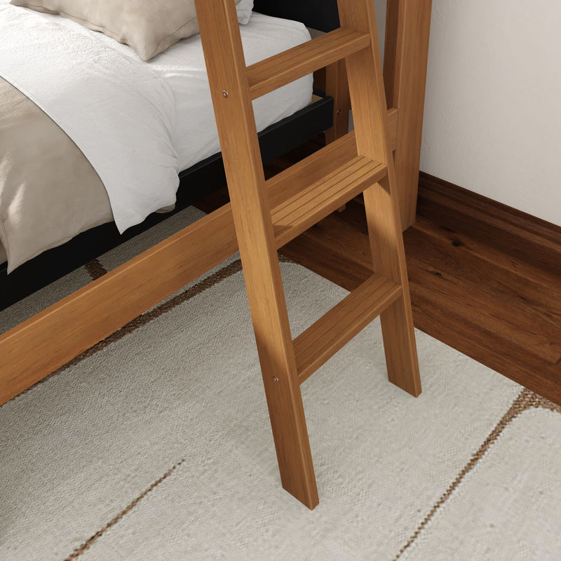 Close-up of a natural wood bunk/loft bed ladder attached to a wooden bed frame with beige bedding, cream area rug and dark hardwood floor
