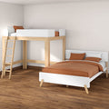 Modern minimalist kids bedroom with natural wood loft bed and white single bed, rust-orange bedding, ladder and hardwood floors