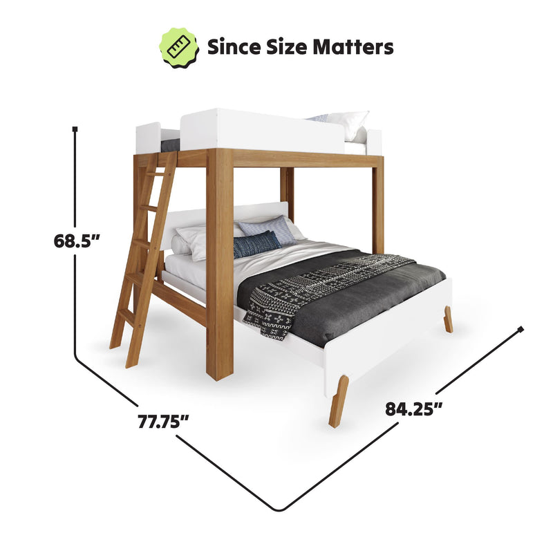 Twin-over-full wooden bunk bed with ladder, modern white and natural wood frame, black-and-white bedding, dimensions labeled 68.5" H × 77.75" W × 84.25" L