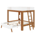 Wooden loft bed with ladder and white panels for kids' bedroom.