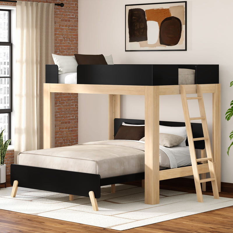 Modern natural wood loft bed with ladder and black panels over lower bed in stylish contemporary bedroom with exposed brick wall