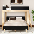 Modern light-wood loft bunk bed with black accents and ladder, twin-over-full configuration with beige bedding in a minimalist bedroom