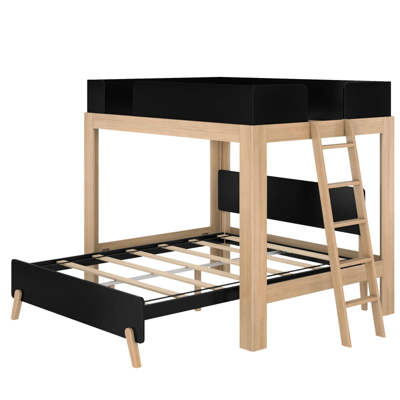 Modern twin-over-full wooden loft bunk bed with black guardrails and side ladder, natural wood frame and slatted platform bed base