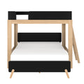 Twin-over-full loft bunk bed with natural wood frame, black guardrails and ladder, space-saving modern bedroom furniture