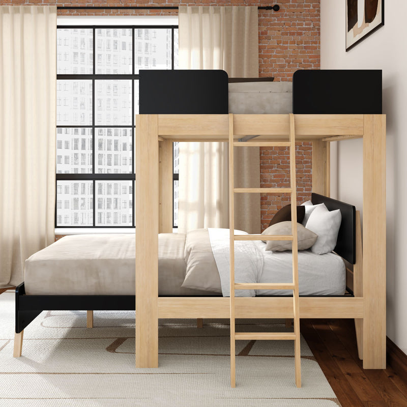 Modern wooden loft bunk bed with ladder in industrial-style bedroom, neutral bedding, exposed brick wall and large grid window with cream curtains