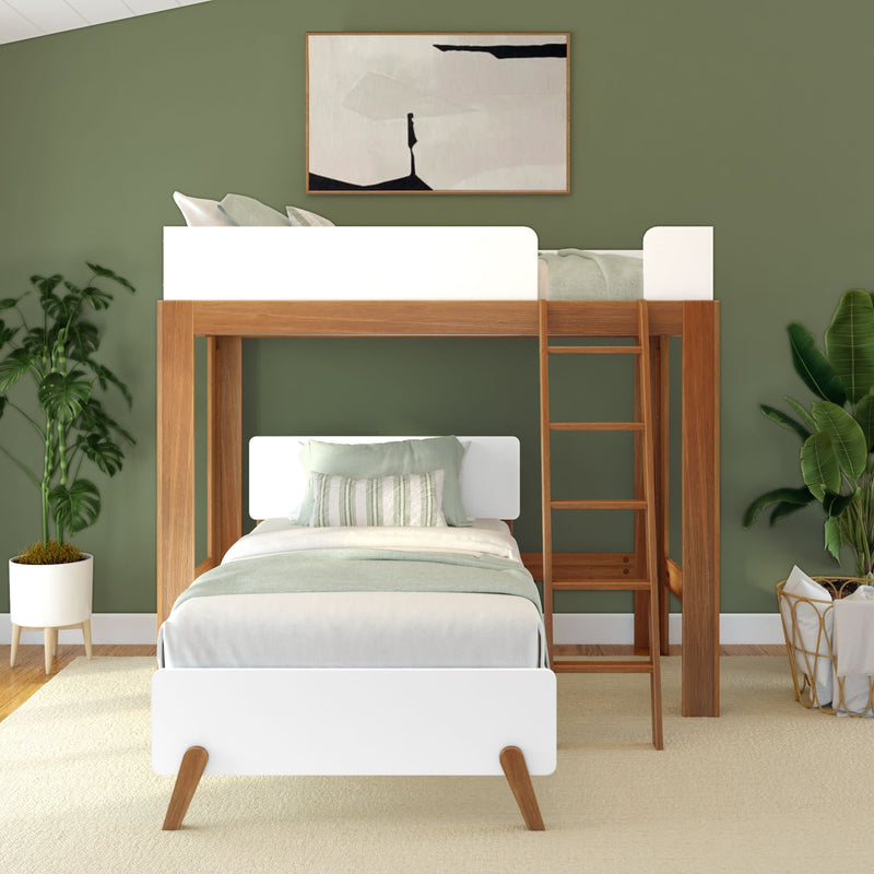 Modern loft bed with ladder over twin bed in green-walled bedroom with plants.