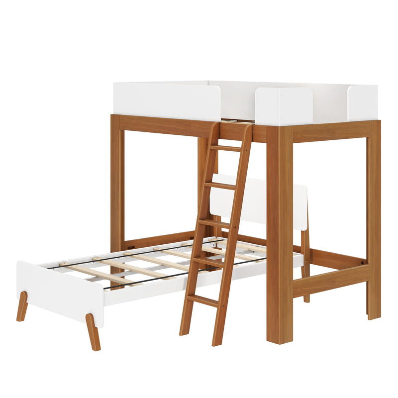 Modern wooden lofted bunk bed with ladder and lower single bed frame for kids' room.