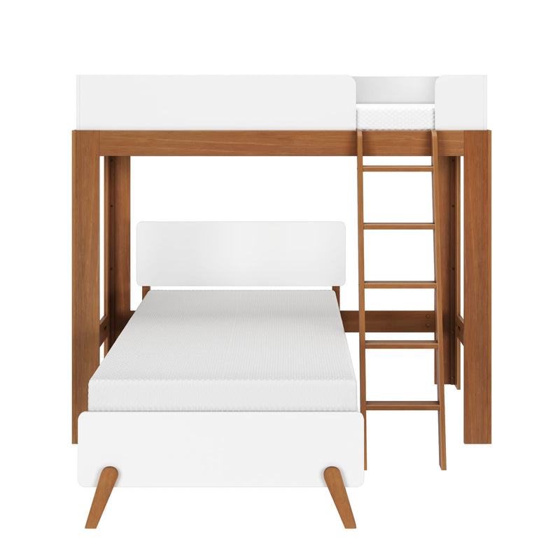 Modern white and wood bunk bed with ladder and minimalist design for kids' room.