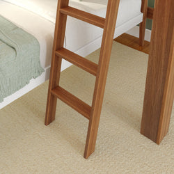 Wooden ladder steps leading to a loft bed on a beige carpeted floor.