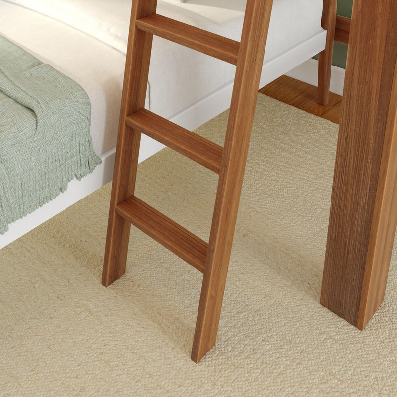 Wooden ladder steps leading to a loft bed on a beige carpeted floor.