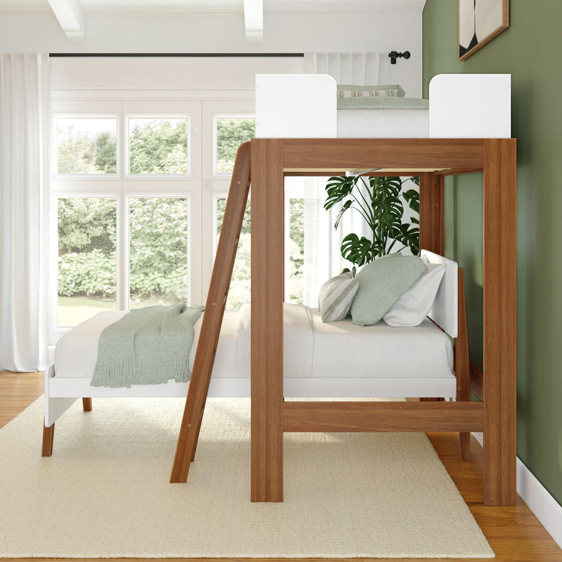 Wooden loft bed with green accents and minimalist decor in a bright bedroom.