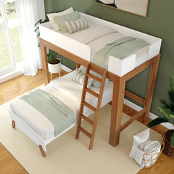 Modern wooden bunk bed for kids with green bedding and ladder in a stylish bedroom.