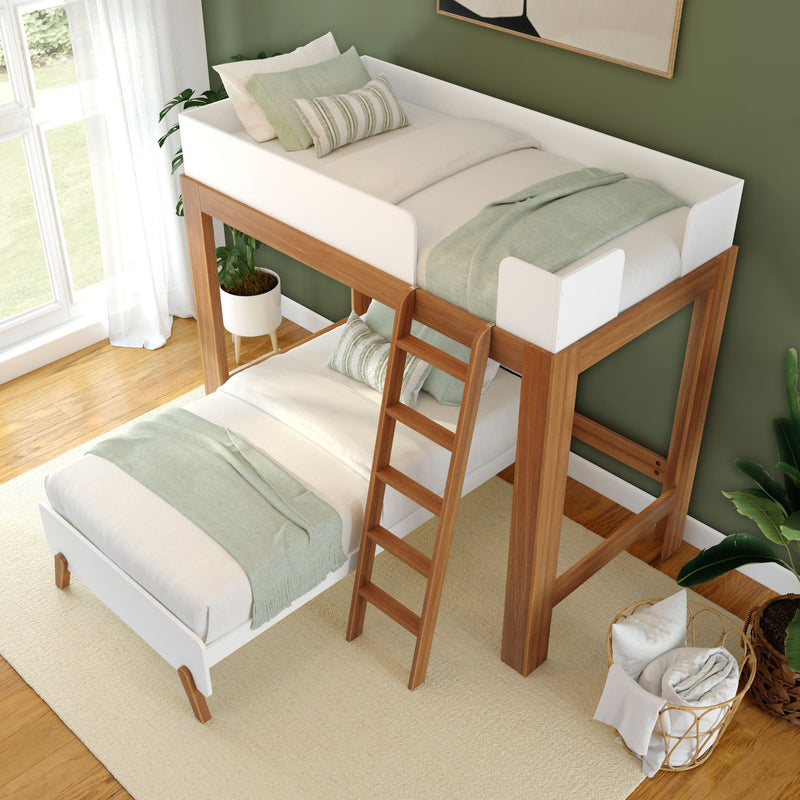 Modern wooden bunk bed for kids with green bedding and ladder in a stylish bedroom.