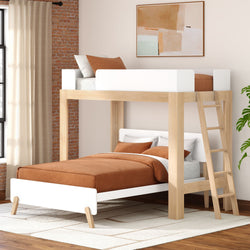 Modern light-wood loft bunk bed with ladder, white panels and rust-orange bedding in a space-saving contemporary bedroom with exposed brick accent wall
