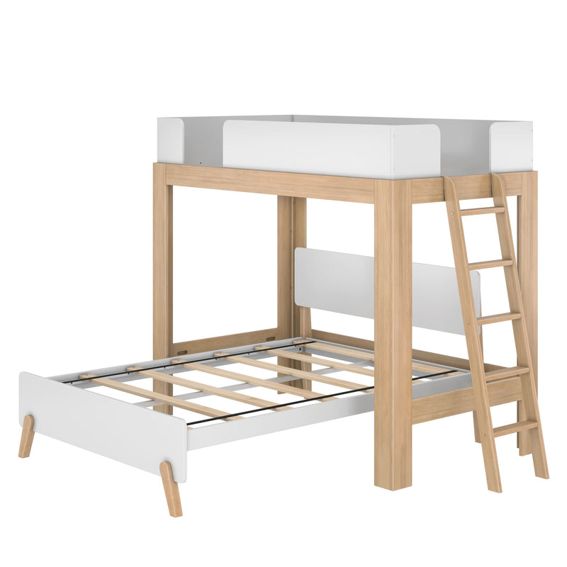 Scandinavian-style wooden loft bunk bed with natural oak finish, white guardrails and ladder — space-saving kids' bedroom solution