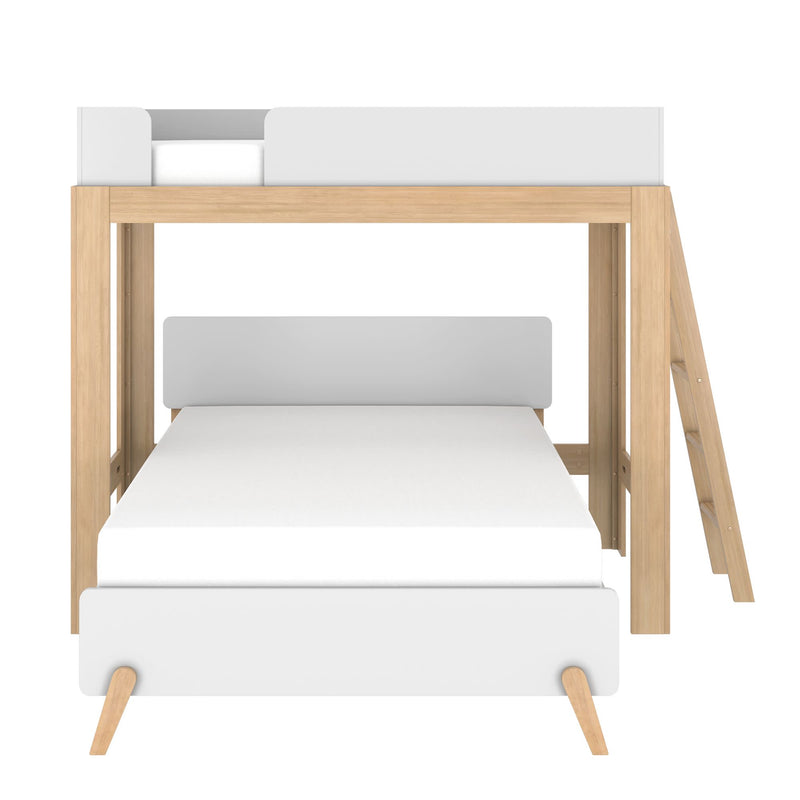 Wooden twin-over-full loft bed with ladder, white mattresses and natural oak frame — modern Scandinavian space-saving kids' bedroom furniture
