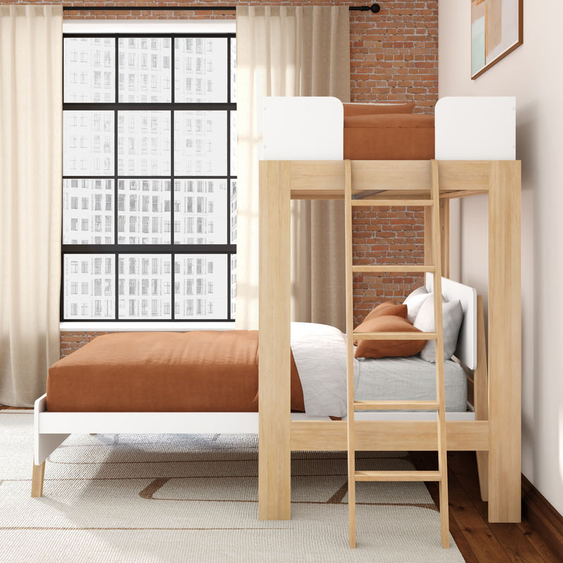 Modern wooden loft bunk bed with ladder and terracotta bedding in urban bedroom with exposed brick wall and large grid window