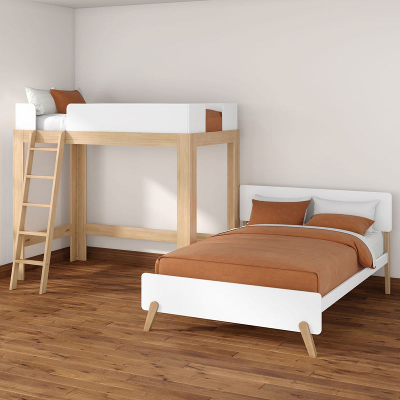 Minimalist Scandinavian bedroom with natural wood loft bed and ladder, white low-profile single bed with rust-brown bedding on hardwood floors