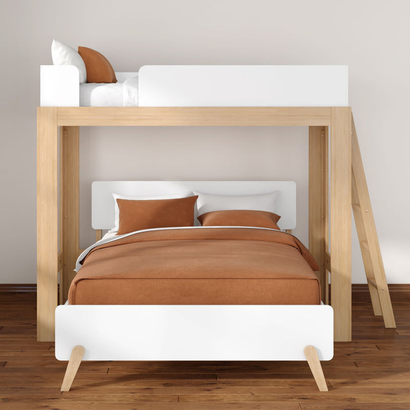 Modern wooden loft bunk bed with white panels and rust-orange bedding in a minimalist bedroom on hardwood floor