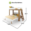 Modern wooden bunk bed dimensions with ladder and colorful bedding.