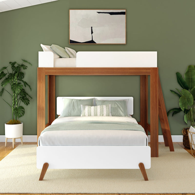 Modern wooden loft bed with white bedding in a stylish green bedroom featuring plants and minimalist wall art.