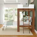 Modern loft bed with wooden frame in a bright bedroom with large windows.
