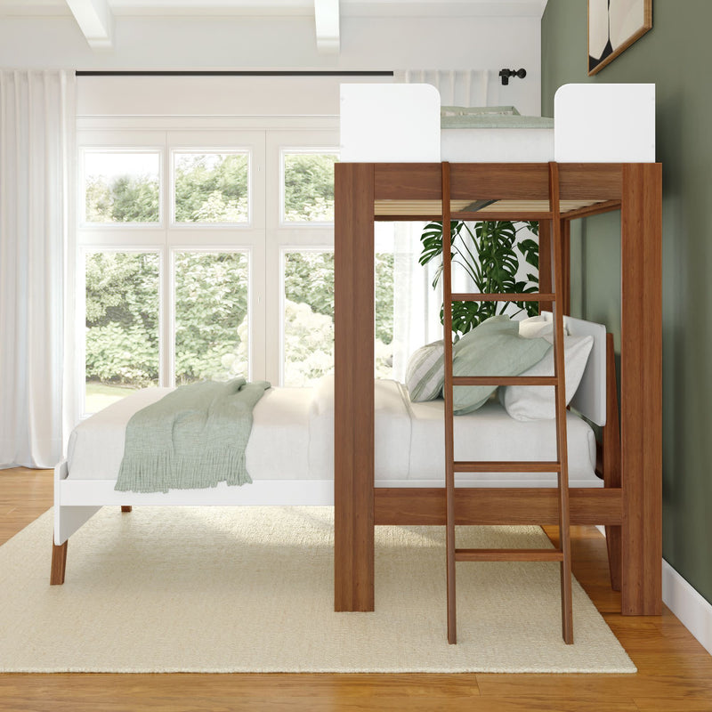 Modern loft bed with wooden frame in a bright bedroom with large windows.