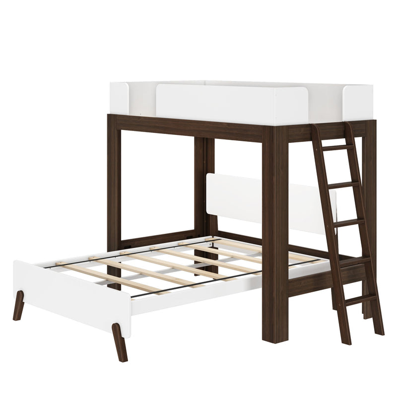 Modern wooden loft bed frame with ladder and white accents for kids' bedroom furniture.