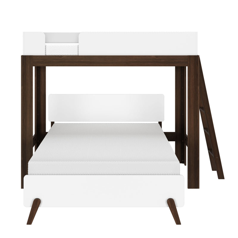 Modern loft bunk bed with white and dark wood finish, featuring a sleek design for optimizing bedroom space.