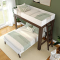 Loft bunk bed with white and wood finish, featuring green and white bedding, in a cozy bedroom with hardwood floors and natural light.