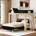 Space-saving modern twin-over-full loft bunk bed with natural wood frame and black accents, ladder and beige bedding in industrial bedroom with exposed brick wall