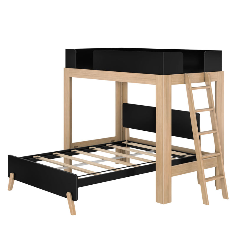Natural wood and black twin-over-full bunk bed with ladder, modern mid-century loft-style space-saving bed frame for kids and teens