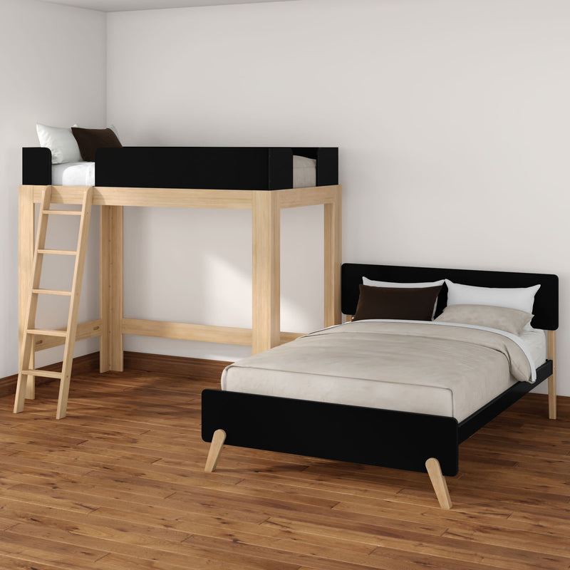 Modern minimalist bedroom featuring a natural wood loft bed with ladder and a black-accent single bed with neutral bedding on hardwood floors