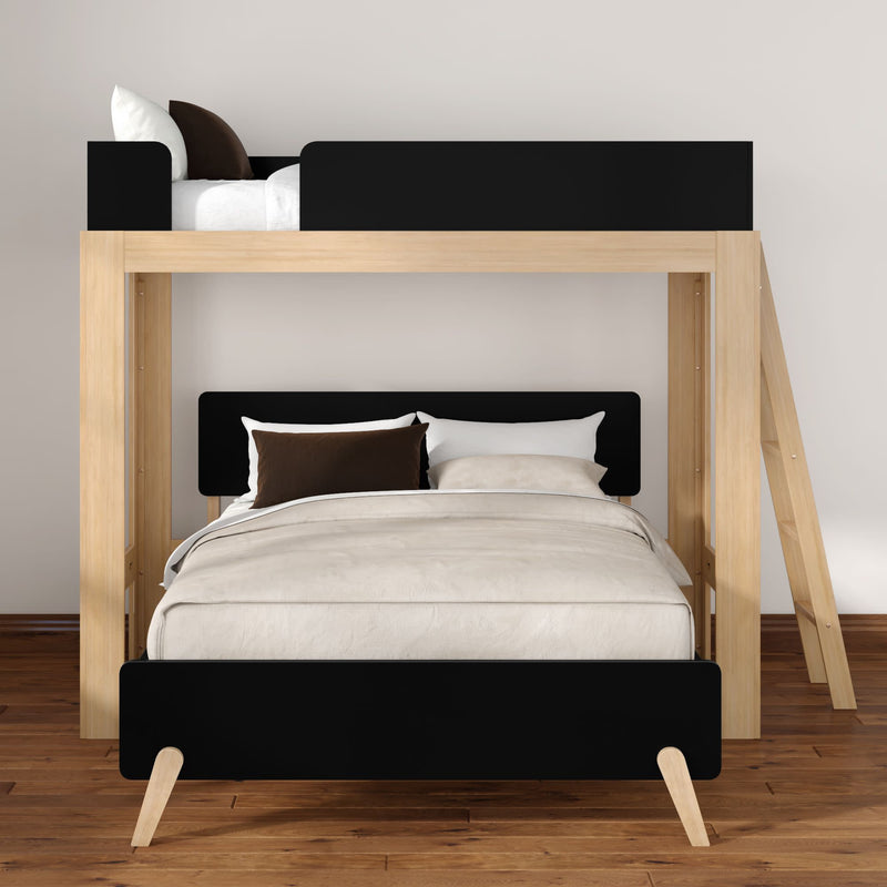 Modern wooden loft bunk bed (full-over-twin) with black headboards and ladder, neutral bedding on hardwood floor — space-saving minimalist bedroom furniture