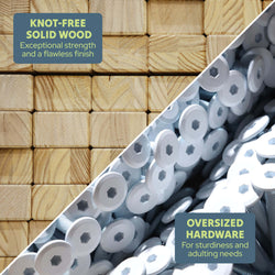 Knot-free solid wood lumber stacked alongside oversized coated hex-socket screws and hardware — premium knot-free timber and heavy-duty fasteners for sturdy furniture assembly and home improvement projects