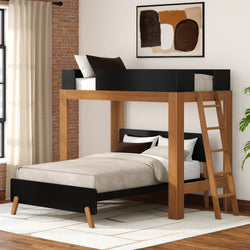 Modern wooden twin-over-full bunk bed with ladder and black accents in a bright contemporary bedroom with exposed brick wall, neutral bedding, and area rug