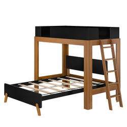Modern mid-century twin-over-full wooden loft bunk bed with black panels and side ladder, space-saving kids bedroom furniture