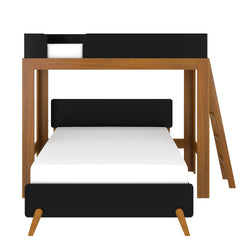 Solid wood twin-over-full loft bed with black upholstered headboards, angled legs, side ladder and white mattress — modern space-saving bedroom furniture