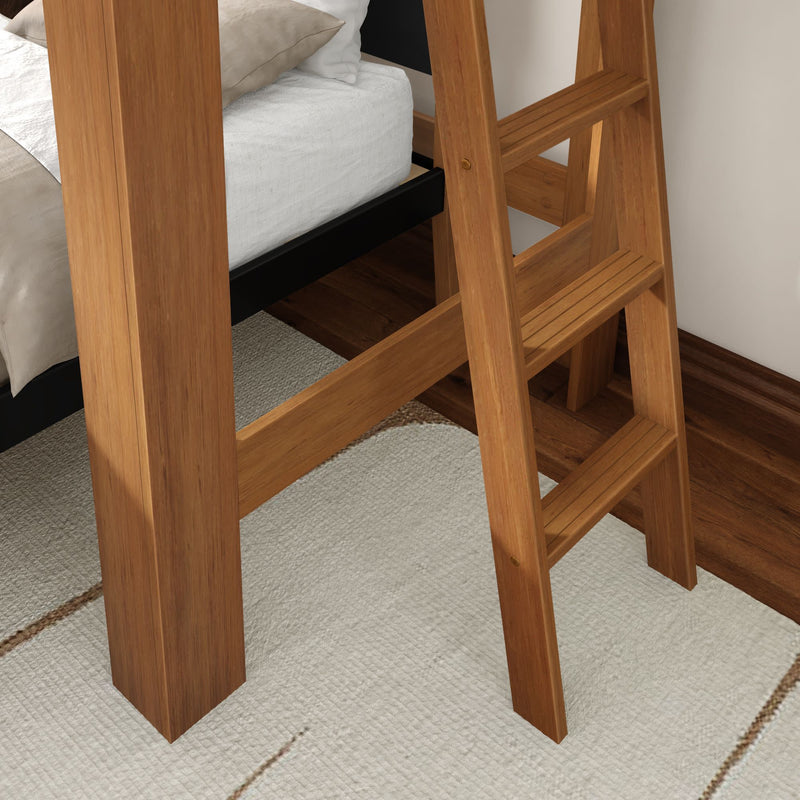 Close-up of a solid natural wood ladder attached to a loft/bunk bed frame next to a white textured area rug on hardwood flooring, modern wooden bedroom furniture detail