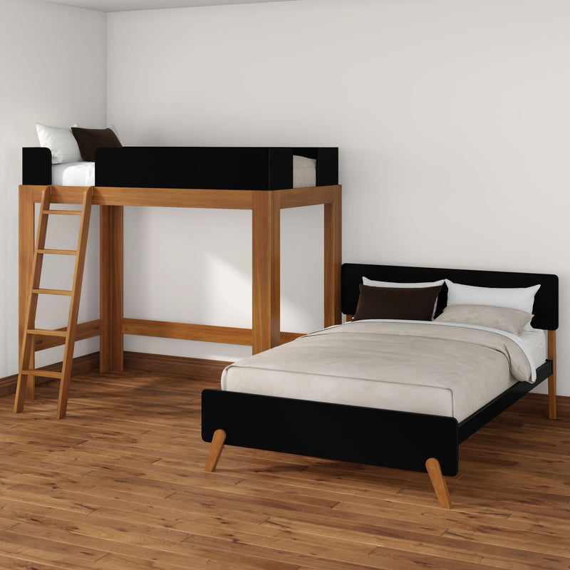 Modern minimalist bedroom with wooden loft bed and black-accent single bed, ladder, hardwood floor and neutral bedding