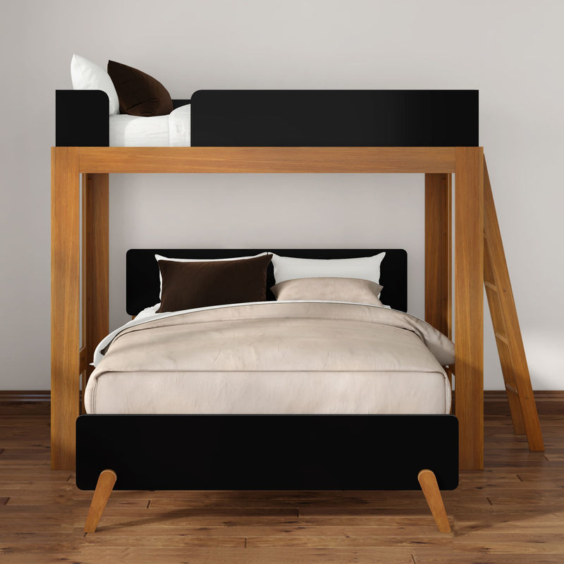 Modern wooden loft bunk bed with black accents, twin-over-full configuration, neutral beige bedding and brown pillows on hardwood floor — space-saving bedroom furniture design