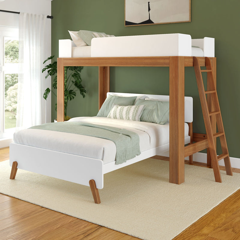 Modern wooden loft bed with ladder, green and white bedding, in a stylish bedroom with green accent wall.