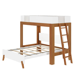Wooden loft bed with ladder and white accents, ideal for modern children's rooms and space optimization.