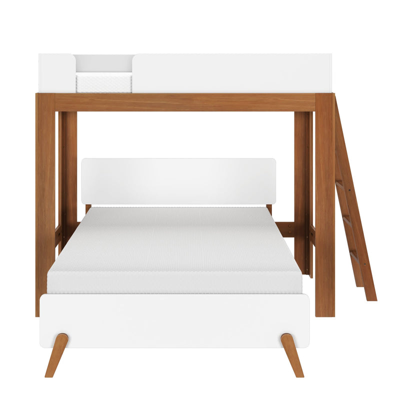Modern wooden loft bed with white frame and ladder, perfect for maximizing bedroom space.